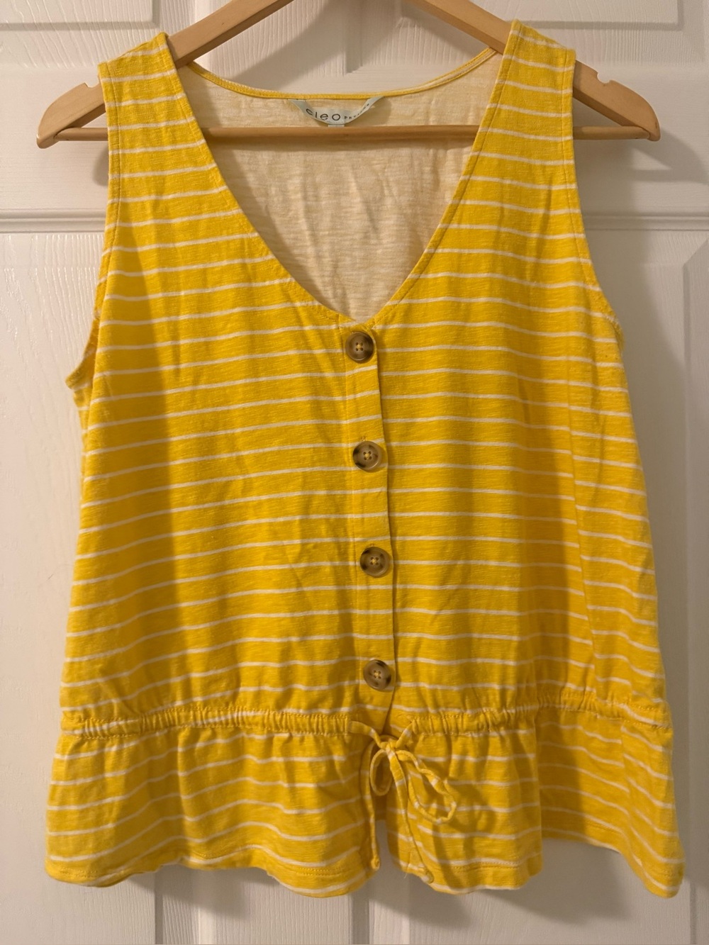 Cleo Petites Yellow & White Striped Sleeveless Peplum Tank Top Drawstring Waist